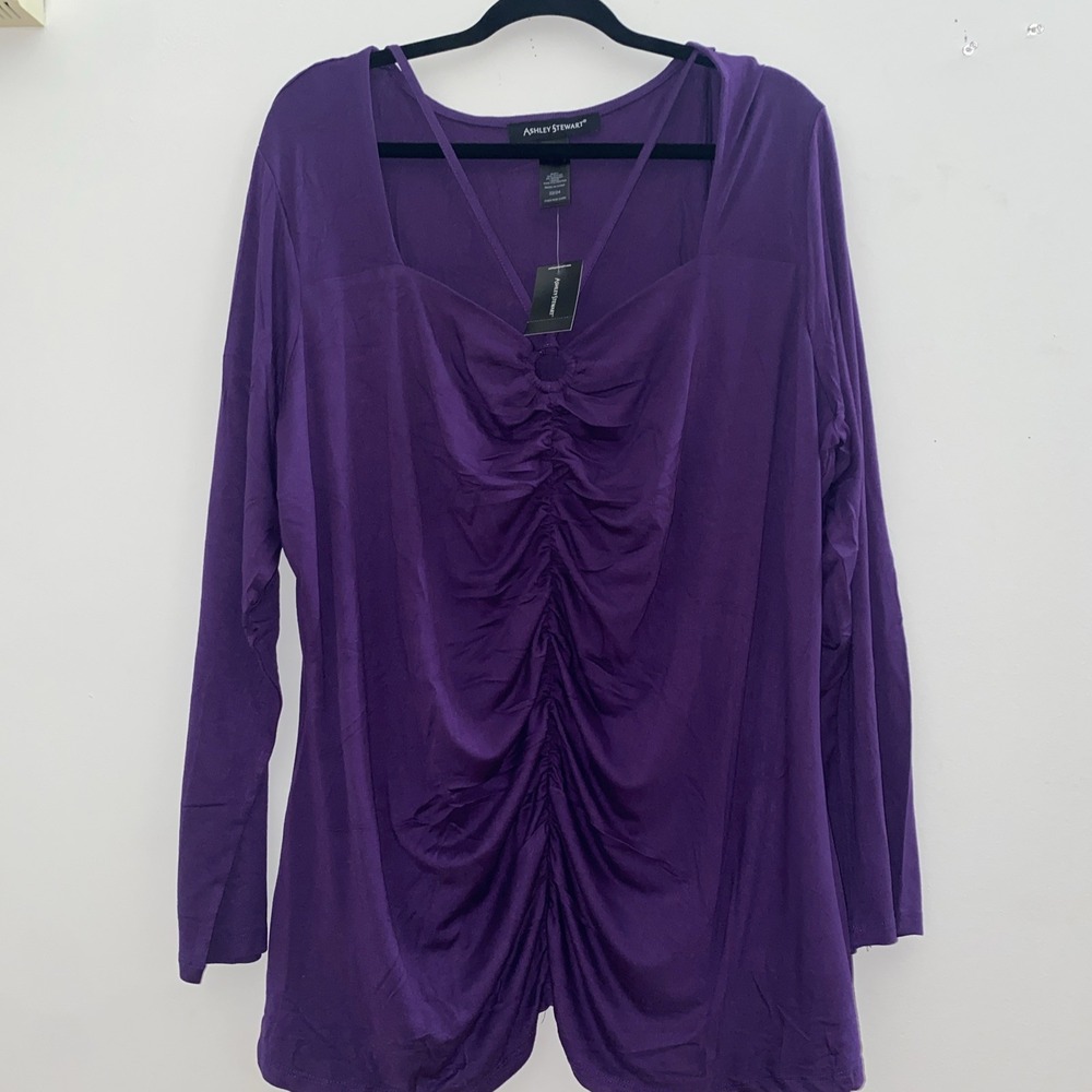 Ashley Stewart Caged Chest Cut Out Chest Purple Ruched Long Sleeve NWT 22/24